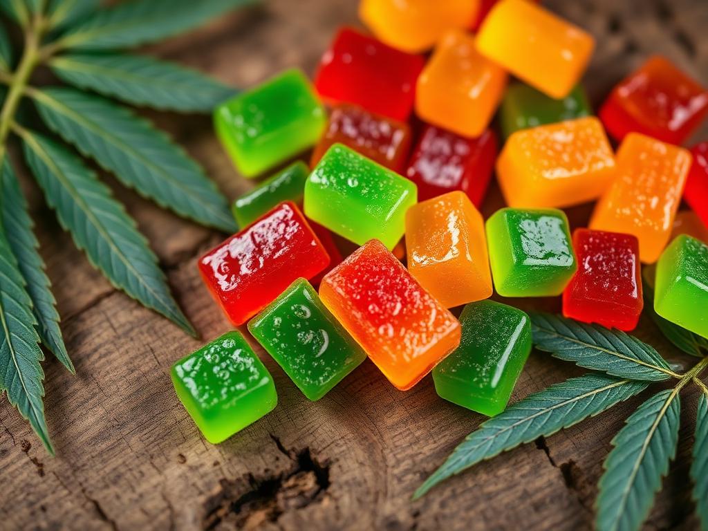 Colorful Willie Nelson CBD gummies on rustic wood with hemp leaves