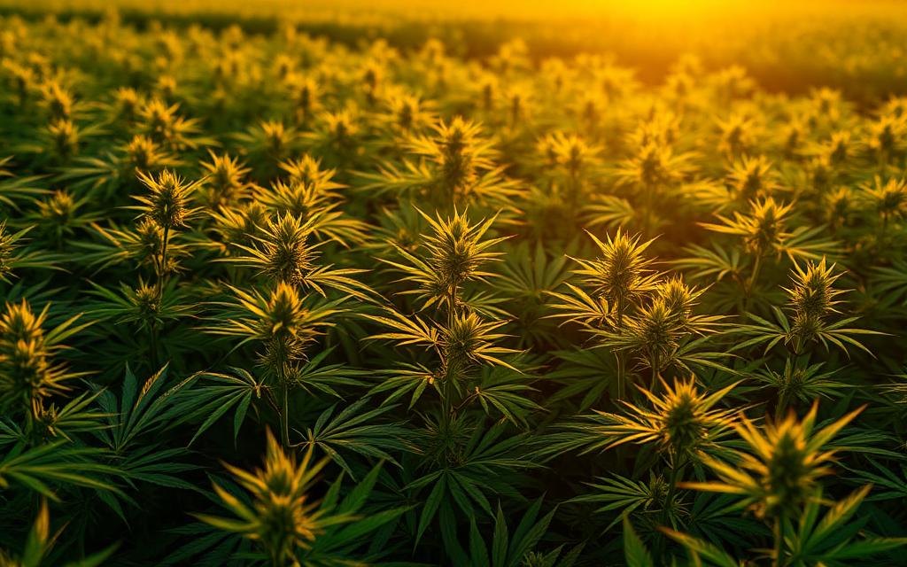 Organic hemp field at golden hour